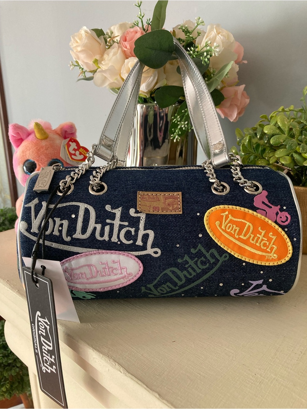 Von Dutch Navy Denim Barrel Bag with Silver Handles and Multicolor Logos